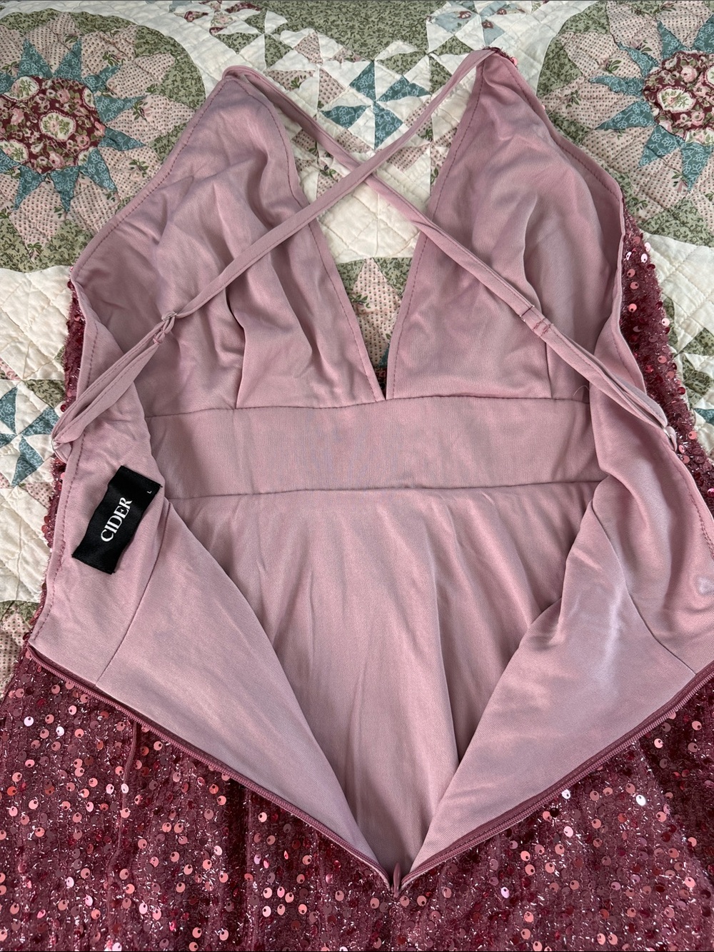 Sequined V-Neck Spaghetti Strap Dress in Dusty Rose - Picture 3 of 4
